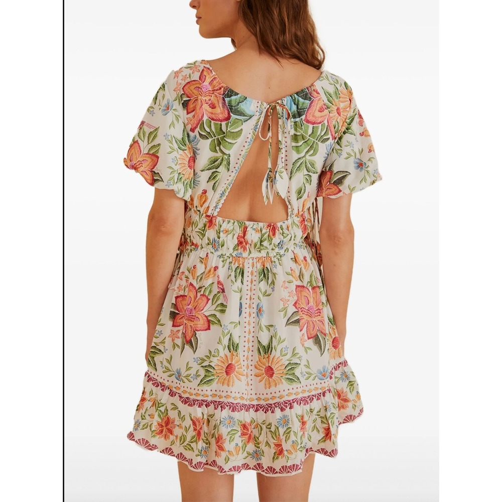 Farm Rio Bloom Garden Mini Dress S Off-White Floral Smocked Puff Sleeve NWT - Picture 7 of 11